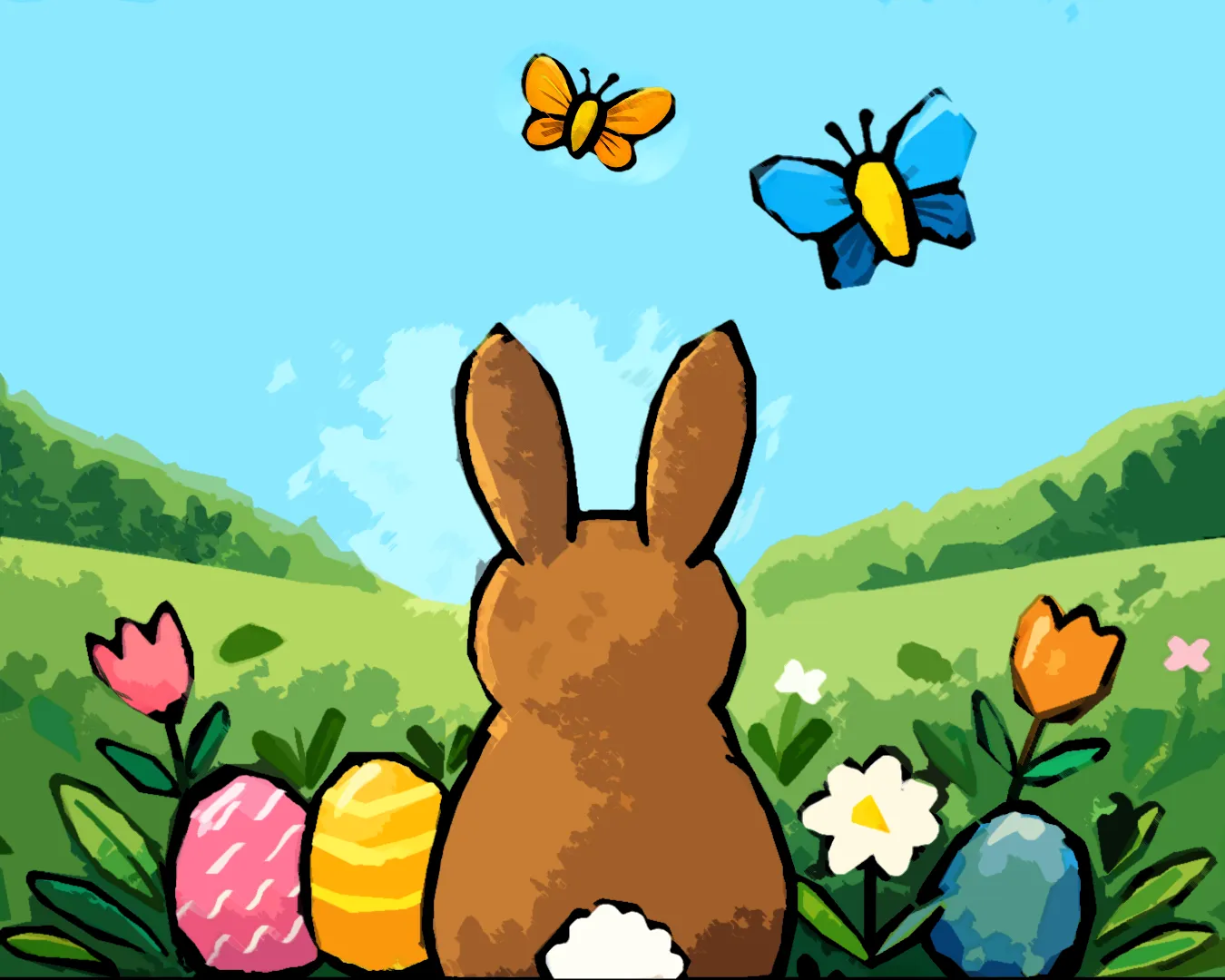 Gemaltes Bild als Gruss zum Osterfest mit Hasem und Ostereiern